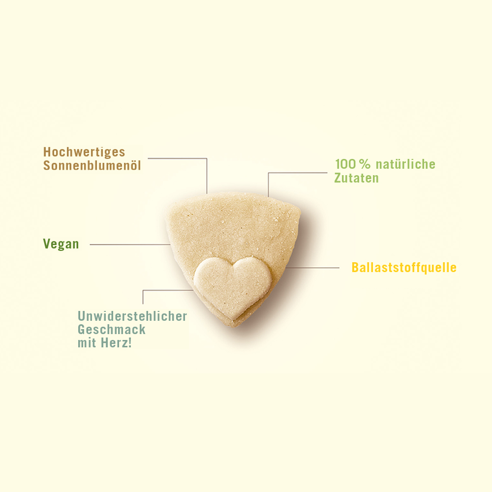 Veganer PUR-Keks mit Herzmotiv, hergestellt aus hochwertigen Zutaten wie Sonnenblumenöl und ausgewählten Mehlsorten, ballaststoffreich und natürlich lecker