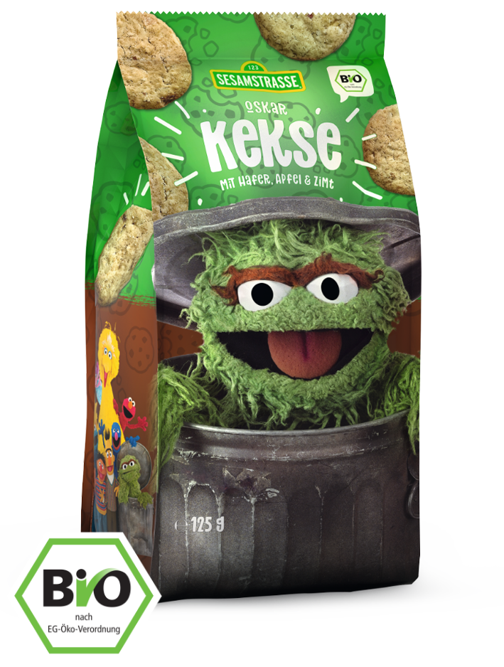 Sesamstraße Oskar Kekse mit Hafer, Apfel & Zimt: Bio-Vollkornkekse im lustigen Oskar-Design – fruchtig, würzig und kindgerecht