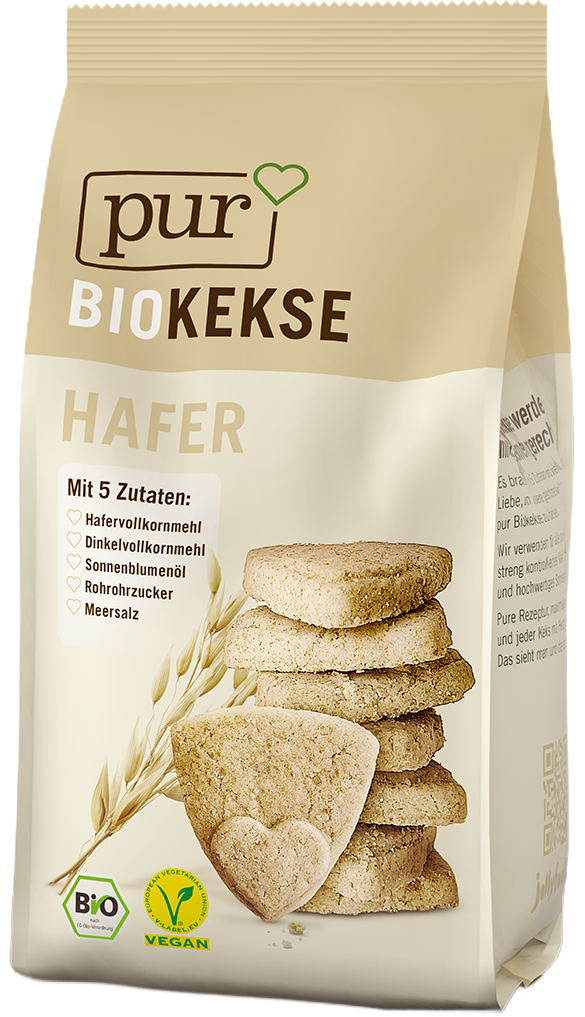 PUR Bio-Haferkekse in Schlauchbeutel Verpackung. Vegane Bio Kekse aus 100 % natürlichen Zutaten mit Hafer, Ballaststoffquelle und mit Herzmotiv