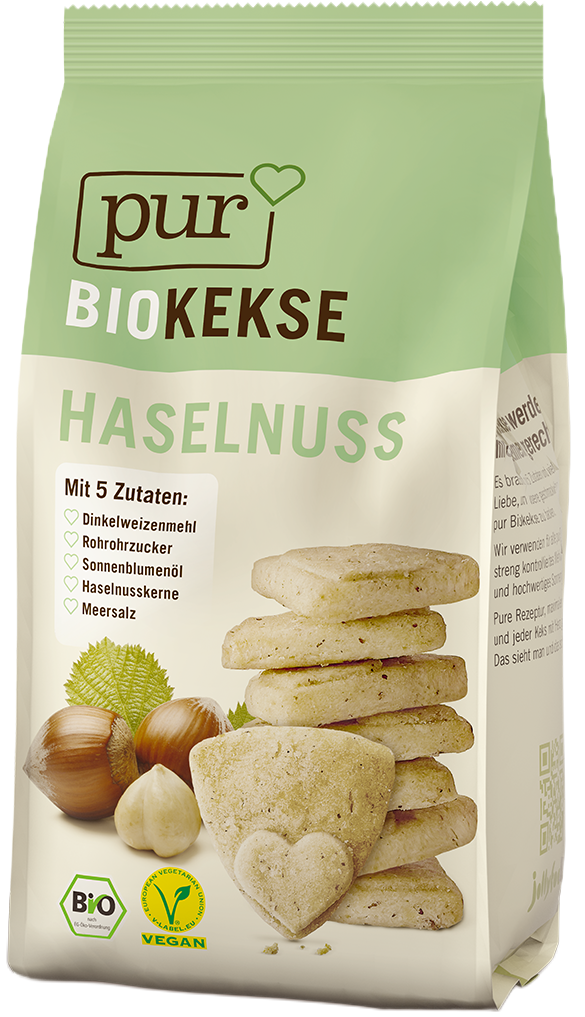 Verpackung PUR-Haselnusskeks mit Herzmotiv aus natürlichen Zutaten und mit feinem Haselnussgeschmack
