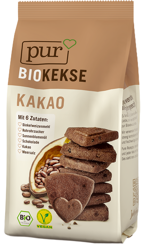 PUR Bio-Kakokekse in Schlauchbeutel Verpackung. Vegane Bio Kekse aus 100 % natürlichen Zutaten mit Kakao und Schokolade, Ballaststoffquelle und mit Herzmotiv