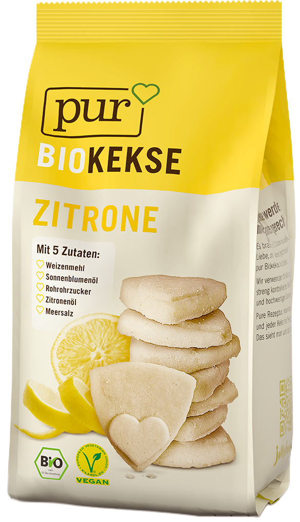 PUR Bio-Zitronenkekse in Schlauchbeutel Verpackung. Vegane Bio Kekse aus 100 % natürlichen Zutaten mit Zitrone, Ballaststoffquelle und mit Herzmotiv