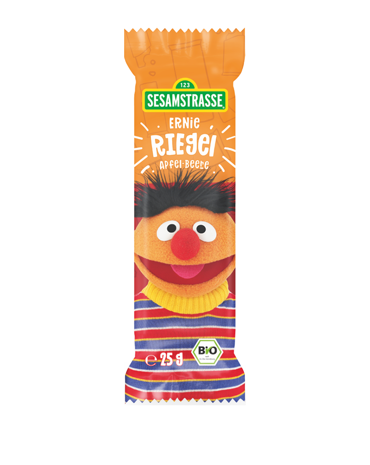 Orangener Bio-Riegel „Ernie Riegel Apfel-Beere“ mit Sesamstraße-Design und Ernie auf der Verpackung