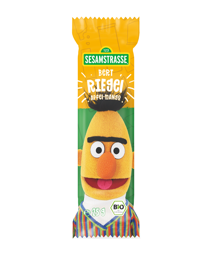 Gelber Bio-Riegel „Bert Riegel Apfel-Mango“ mit Sesamstraße-Design und Bert auf der Verpackung