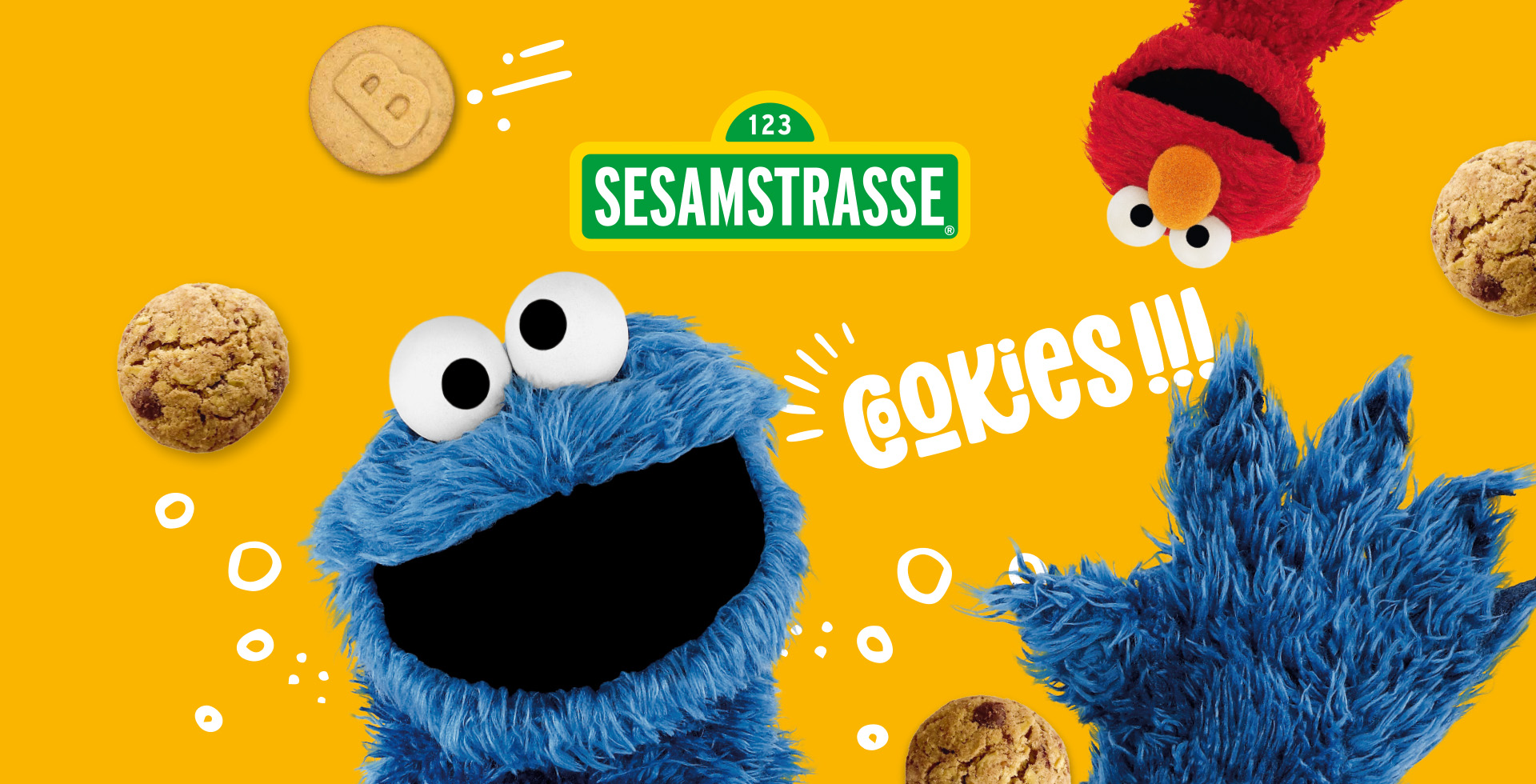 Sesamstraße-Logo auf gelbem Hintergrund mit Elmo und dem Krümelmonster, das begeistert nach Keksen greift