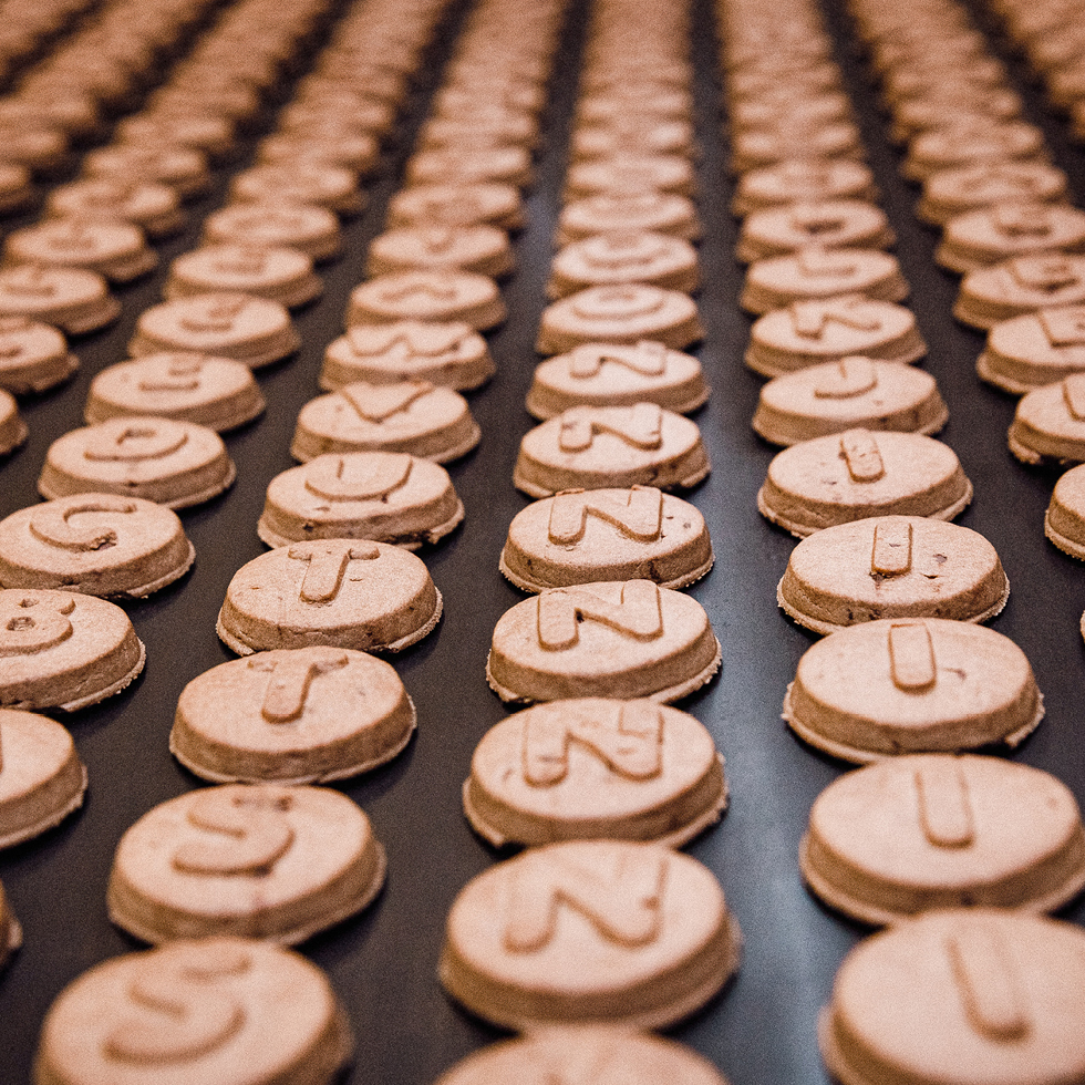 Kakaokekse mit Buchstabenmotiven laufen über ein Förderband