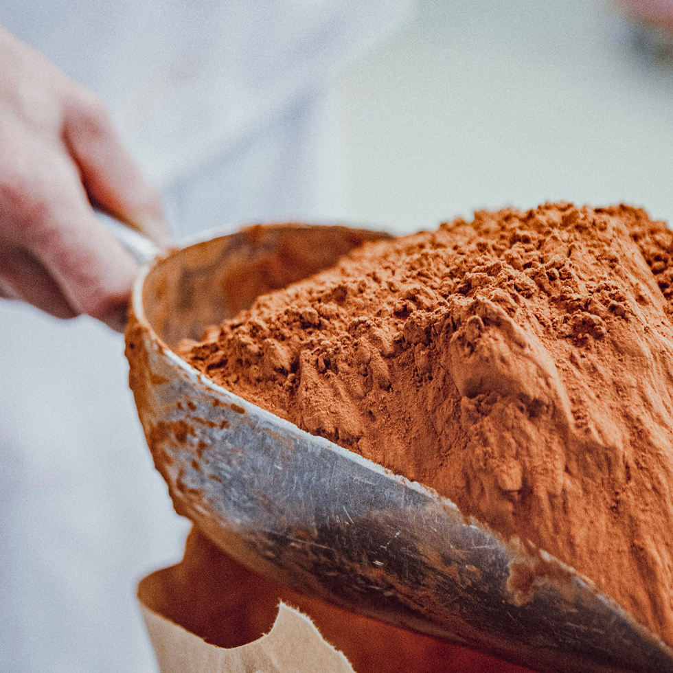 Kakaopulver wird von einer Hand mit einer Schaufel aus einem Papiersack entnommen