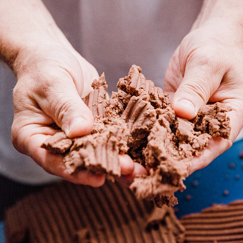 Zwei Hände halten frischen Kakao-Keksteig