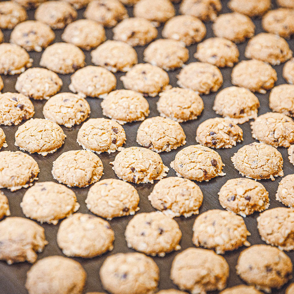 Kernige Haferkekse mit Schokoladenstücken laufen über ein Förderband